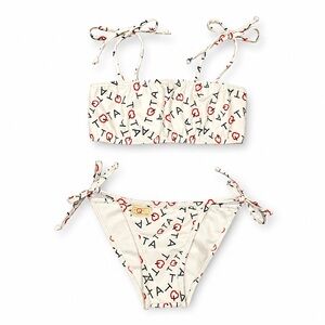 Kids Cream Tie-Strap Bikini with Red & Black Print